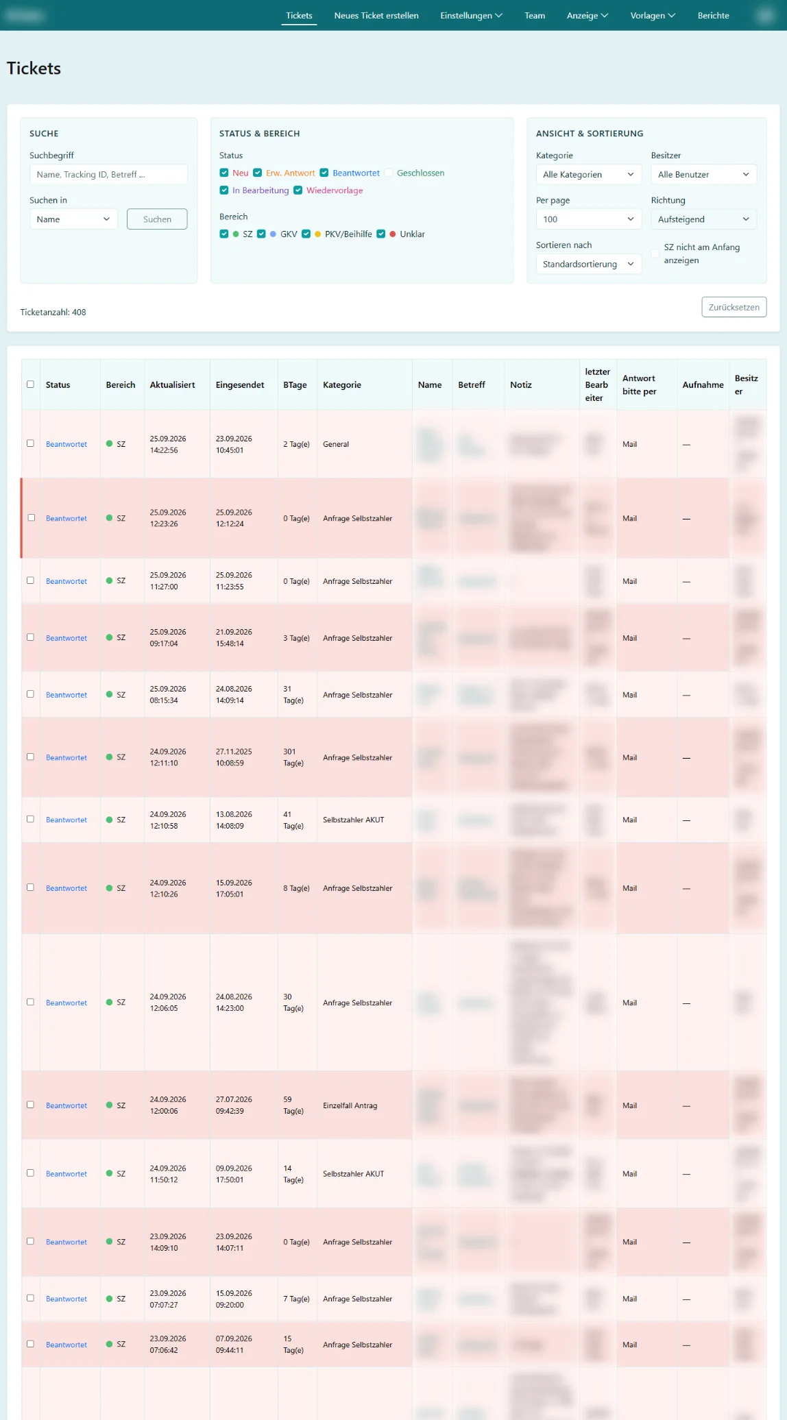 Screenshot: Ticketliste mit Filtern im Mitarbeiterbereich