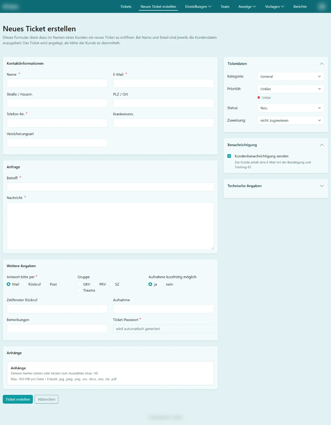 Screenshot: Formular für ein neues Ticket