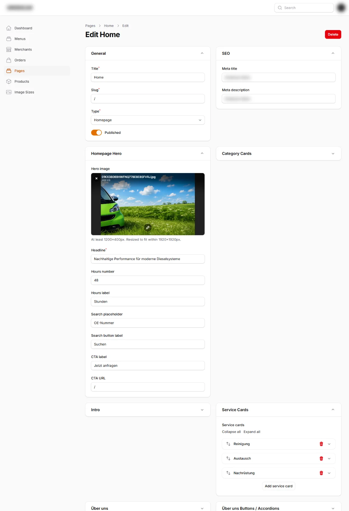 Screenshot: Bearbeitung der Startseite mit strukturierten Bereichen im Verwaltungsbereich