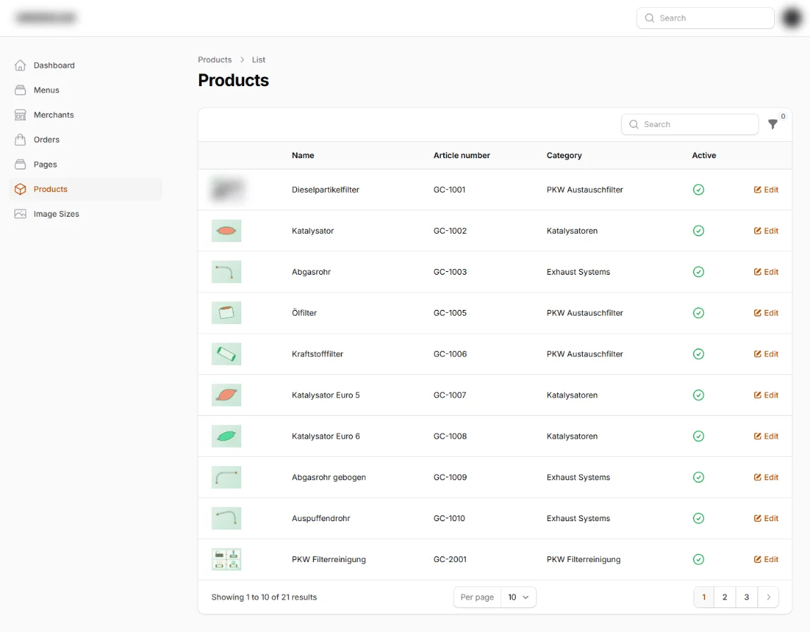 Screenshot: Produktliste im Verwaltungsbereich